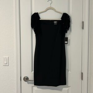 NWT DKNY Donna Karan Black Cocktail Sheath Dress Studded Fringe Shoulder Size 4